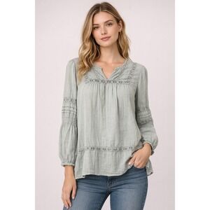 KNOX ROSE Boho Peasant Blouse Womens XL Powder Blue Lace Trim Long Sleeve